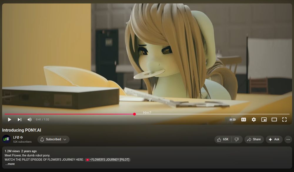 a screencap of a frame of a video titled "Introducing PONY.AI" by youtube channel LFØ, showcasing flower, a robot pony oc

