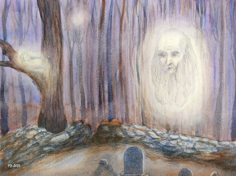 A painting of an old haunted cemetery in the woods at night. The ghost of an infant is cradled in the branch of a tree growing out of the cemetery's stone wall. The large ghostly head of an elderly man floats above an adjacent wall, gazing at the tombstones.
