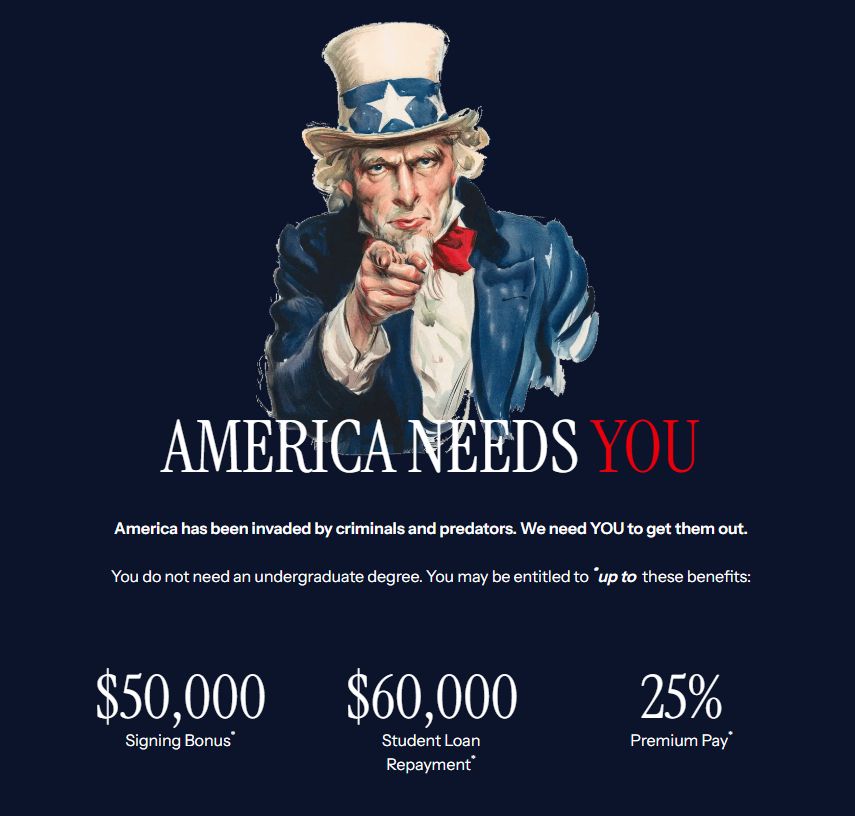 Uncle Sam points forward with the text "America Needs You," highlighting benefits: $50,000 signing bonus, $60,000 student loan repayment, and 25% premium pay for recruitment.