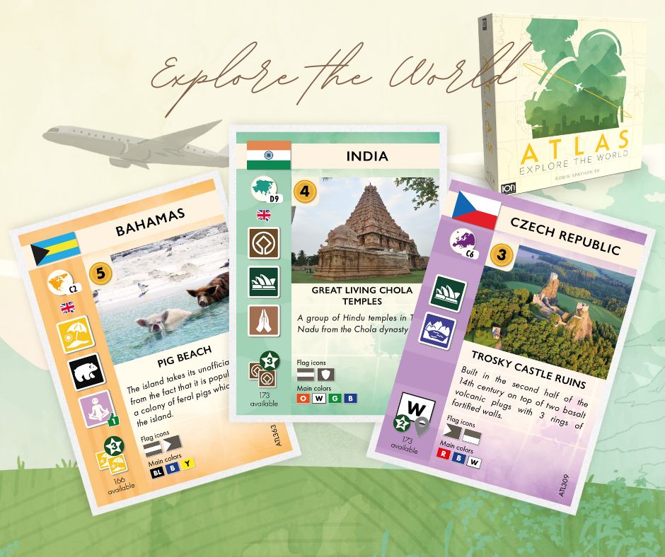 Atlas Explore the World some of the cards in the board game.