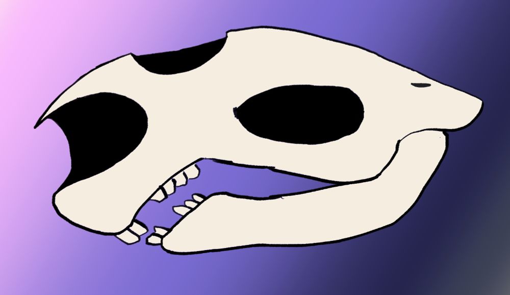 A drawing of the skull of a "Jacob Horse" from the web series Drawfee over a pink to purple simple gradient background