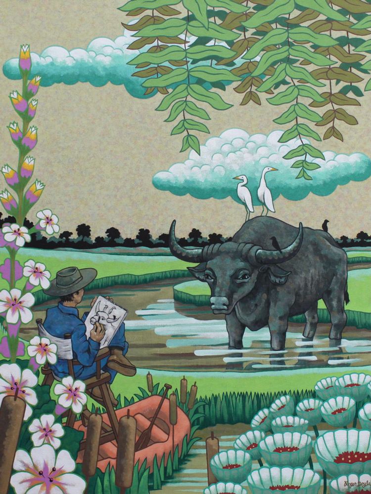 This one is kind of hard to describe but it's a cool psychedelic kinda painting of a water buffalo staring at a dude who is drawing the water buffalo (art by Roger Doyle) 