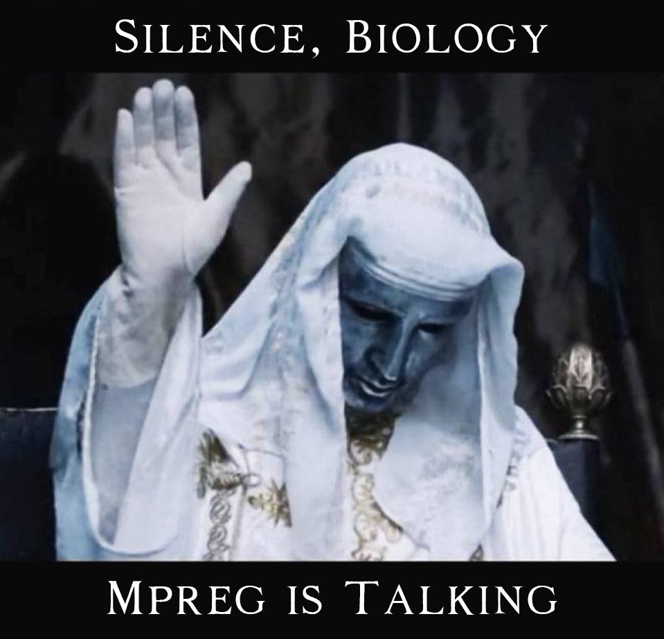 Image of Baldwin, the leper king, in his white robe with gold embellishments, and his metal face mask, from 'Kingdom of Heaven', holding up his hand, while looking down at an off-screen letter.

Text, above and below the image, reads: "Silence, Biology; Mpreg is Talking."