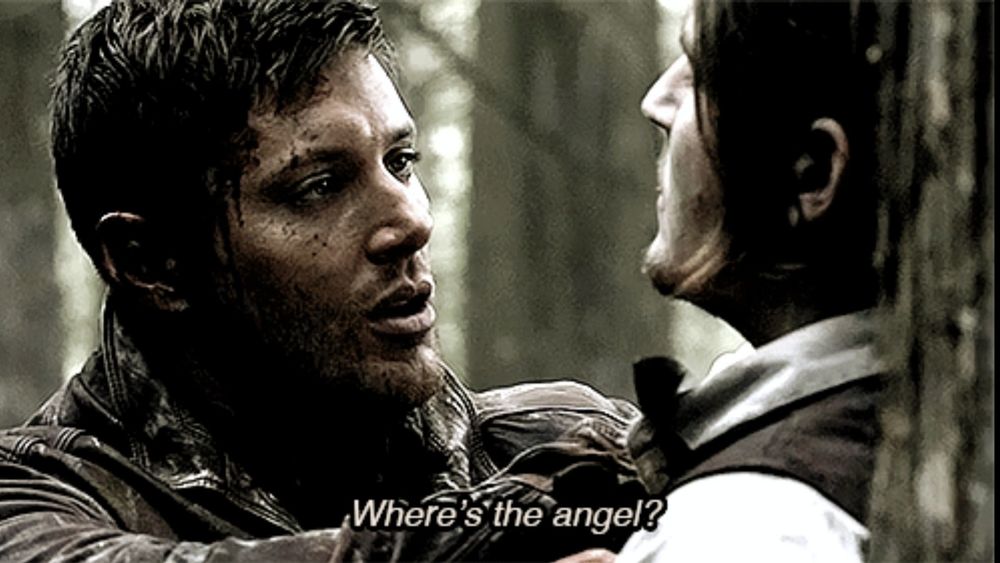 Dean Winchester asking, "Where's the angel?" to a monster in Purgatory.