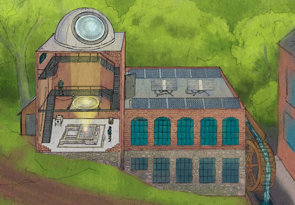 This digital drawing/photobash is styled like a watercolor painting/sketch of a brick building surrounded by trees. On the left side of the building is a short tower with an observatory-style dome on the top. The dome hosts a giant fresnel lens, similar to that found in a lighthouse. The front of the tower is a cutaway showing a metal staircase and catwalk, and a column of light traveling from the dome down to a second lens, where it is concentrated to a point, on the metal work surface of a CNC plasma cutter. Two people stand by and watch, one on the ground floor, one on the second level catwalk.
The rest of the building is styled like an old brick mill, with large arched windows, and a fieldstone and concrete foundation. To the right, it supports a wooden water wheel. On the roof are several solar panels and a pair of fiberoptic daylighting systems, which capture sunlight and pipe it through fiberoptic cables to the workshop below.