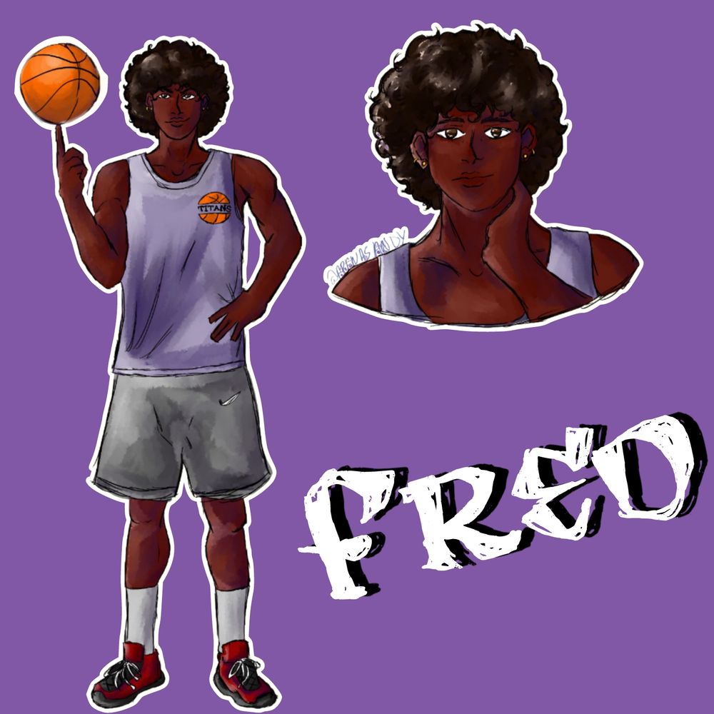A imagem mostra um personagem ilustrado negro, chamado Fred. O personagem é mostrado em duas poses contra um fundo roxo. À esquerda, Fred está em pé girando uma bola de basquete em um dedo. Fred está vestindo uma camiseta sem mangas branca com um logotipo que lê "TITANS" e shorts cinza. Fred também está usando meias brancas e tênis vermelhos e pretos. À direita, há um close-up do rosto e parte superior do corpo de Fred, com a mão descansando no pescoço. O personagem tem cabelo cacheado. Abaixo das ilustrações, o nome “FRED” está escrito em grandes letras estilizadas brancas com um efeito de sombra preta.