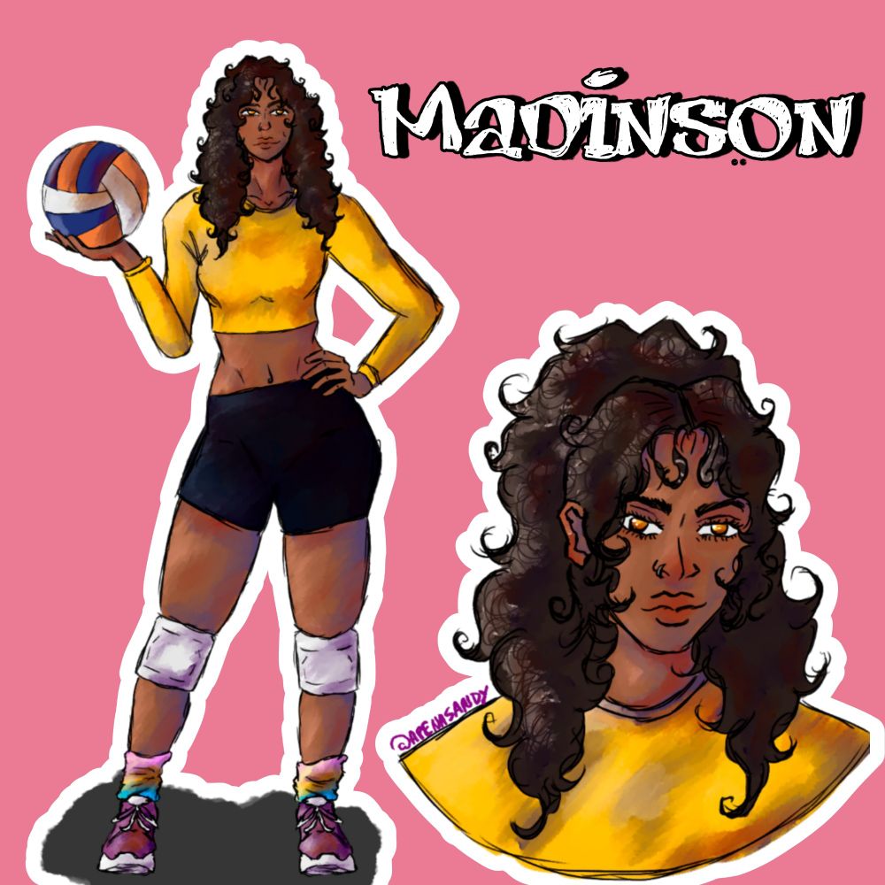 A imagem mostra uma ilustração de uma garota, negra de cabelos longos e cacheados sorrindo, segurando uma bola de vôlei. Ela está vestindo um top amarelo de manga longa e shorts pretos, além de joelheiras brancas e tênis coloridos. O fundo da imagem é rosa, e há o nome "Madinson" escrito no topo em letras estilizadas. No canto inferior direito, há um close-up do rosto dela.