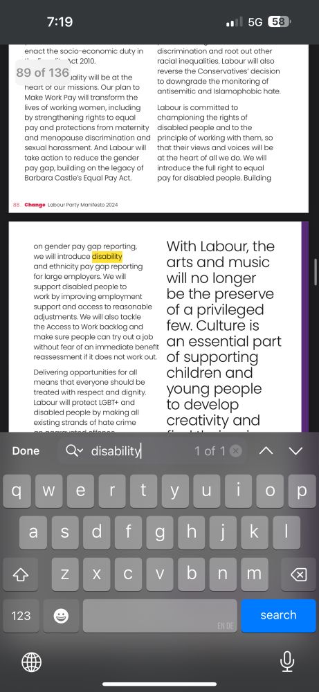 Screenshot showing the ONE instance of “Disability” in the Labour 2024 manifesto 