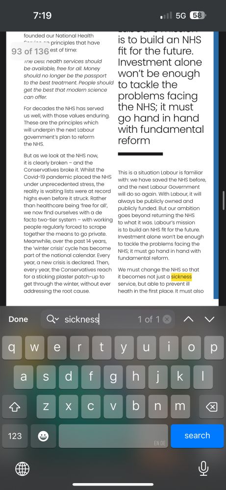 Screenshot showing the one instance of “Sickness” in the Labour 2024 manifesto 