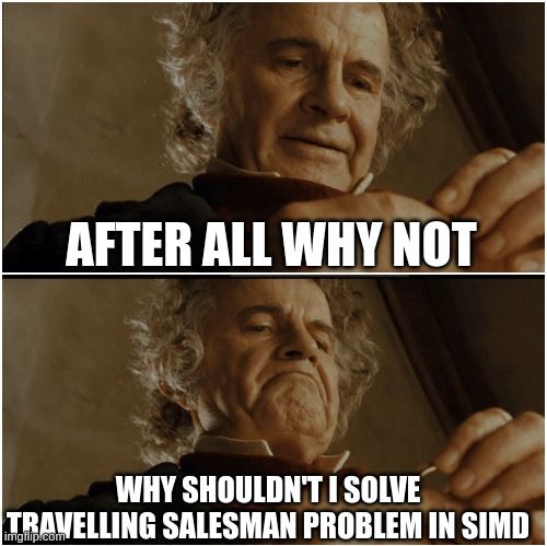 Bilbo - Why shouldn’t I keep it meme:

After all why not

why shouldn't I solve travelling salesman problem in SIMD