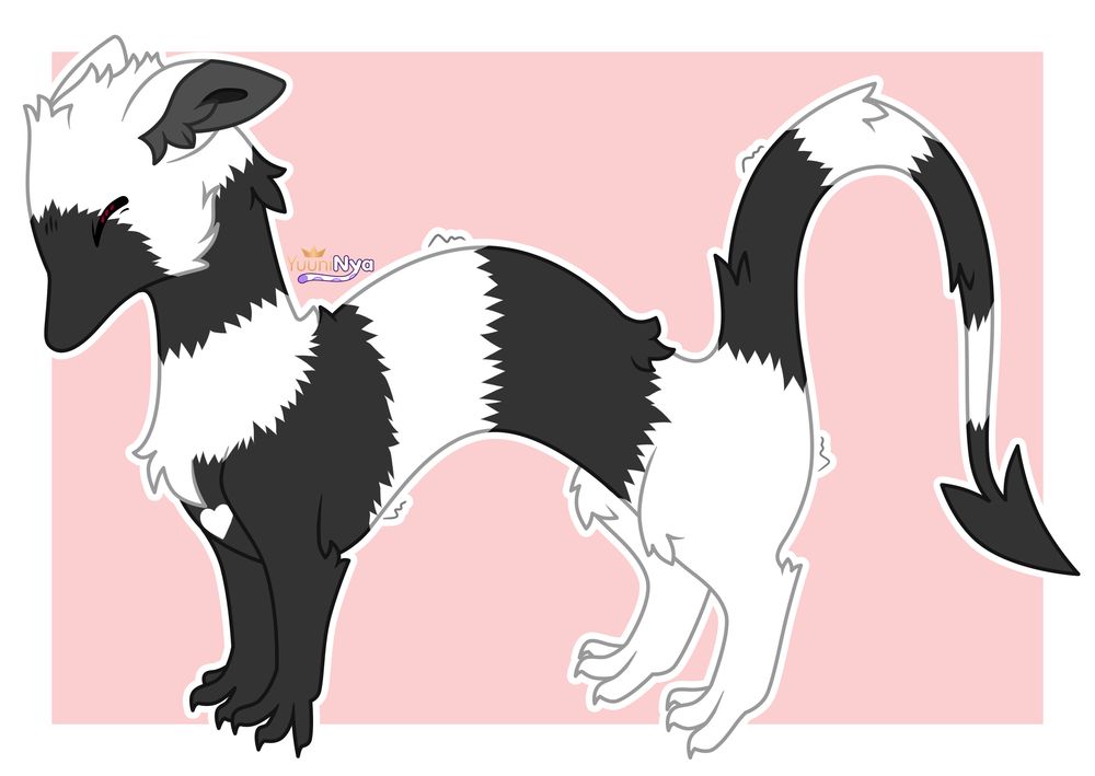 A fullbody of a black and white striped noodle dragon closing his eyes and doing a big arch stretch like cats do.