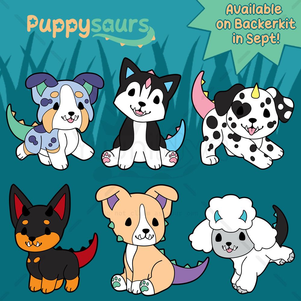 Two rows of six Puppysaurs on a teal, grassy backdrop. Top row from left to right: Bubbles the blue merle Aussiesaur (Australian Shepherd), Rocky the Huskysaur (Siberian Husky), and Bucket the Dalmsaur (Dalmatian). Bottom row from left to right: Spike the Dobiesaur (Doberman), Socks the Pittiesaur (American Pit Bull Terrier), and Sugar the Poodlesaur (Poodle). Top left is the Puppysaurs logo. Top right says "Available on Backerkit in Sept!"