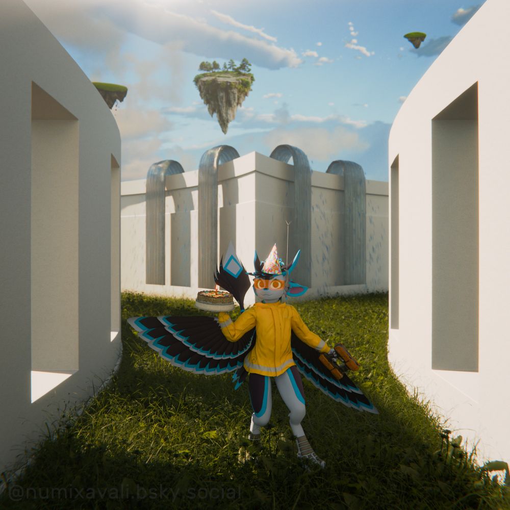 An avali Numix is standing in the grassy hallway with over-the-wall fountains under the open sky with flying islands in the background. The avali is holding the cake and matter manipulator in each hand, while also wearing a raincoat. 