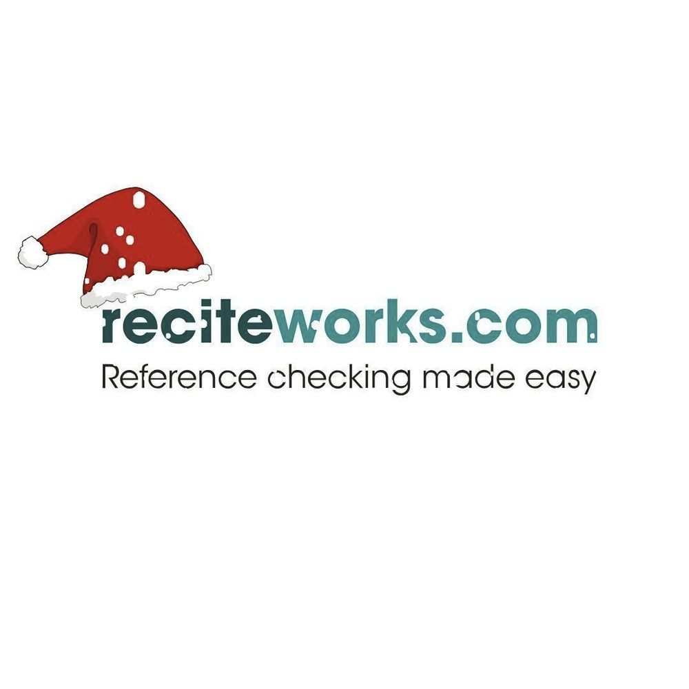 Recite logo and website - www.reciteworks.com with Christmas hat and snow.