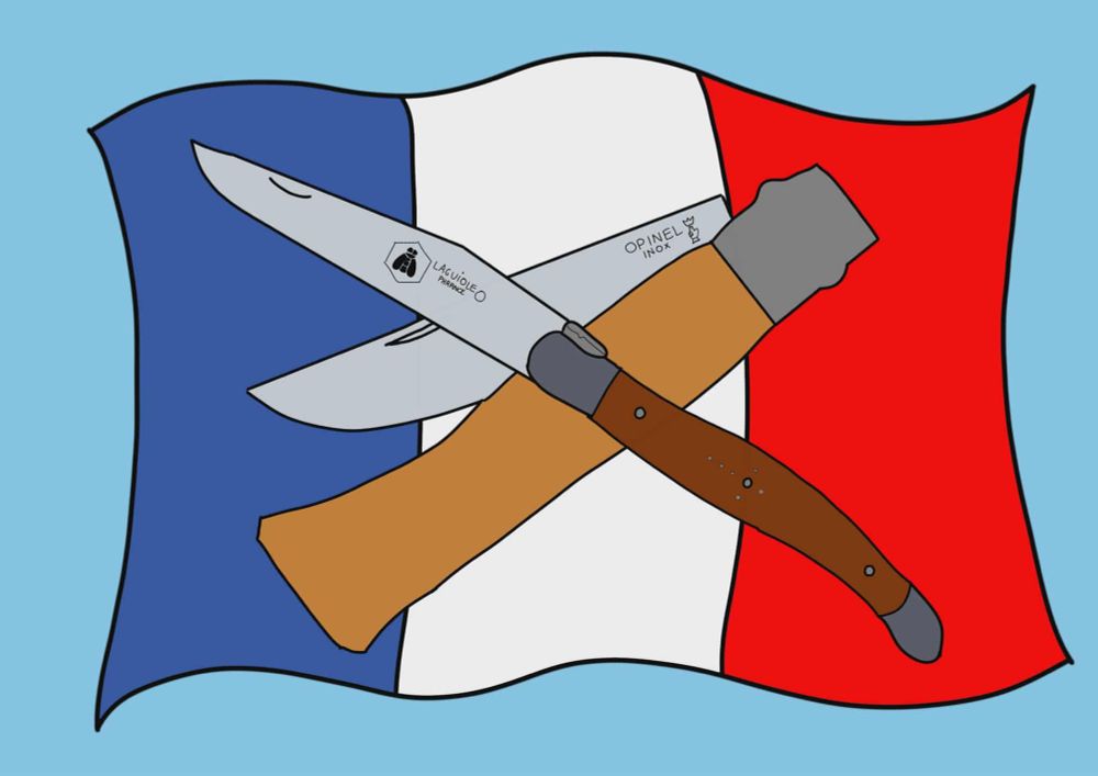 Drapeau français avec en croix par dessus un opinel demi ouvert et un couteau laguiole 