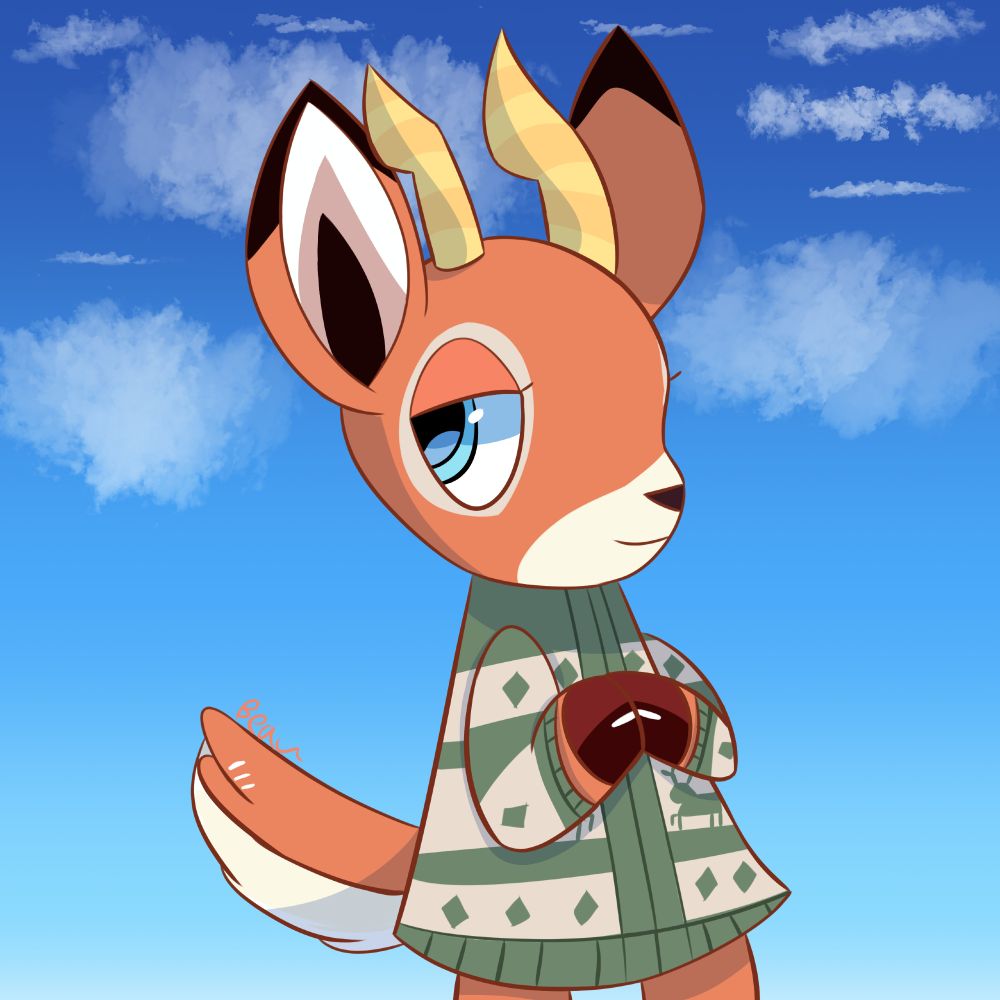 Beau from Animal Crossing in a midday background with a few Clouds