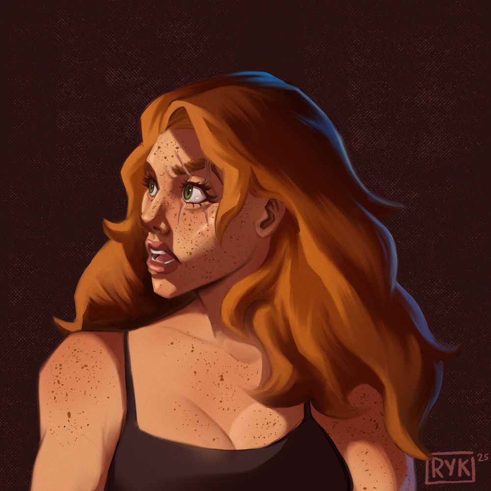 Digital painting of a red haired woman with green eyes wearing a black tank top. 