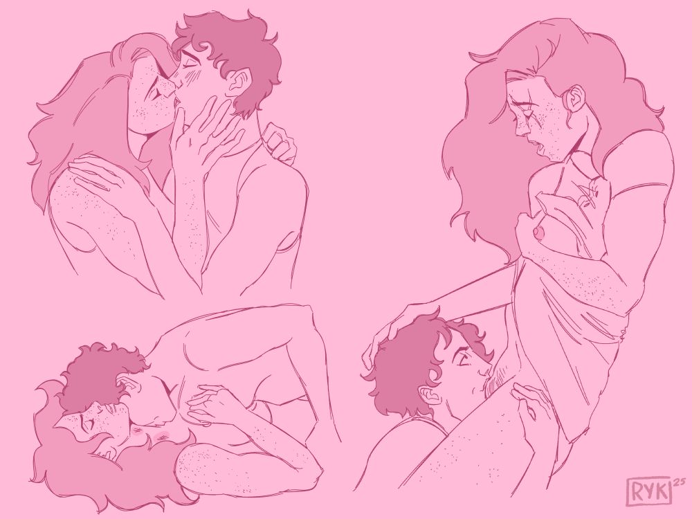 Two women kissing and having an intimate moment. Colored in a pink color palette. 