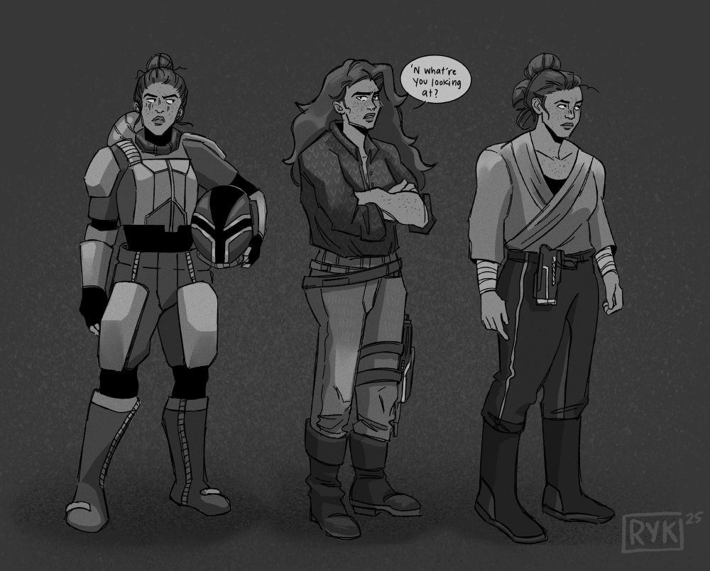 Space woman dressed in a space suit, an adventure outfit and a casual outfit. 