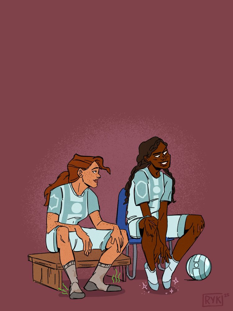 Two young women in sports uniforms, with a sci fi soccer ball next to them, sitting on a bench and a chair. 