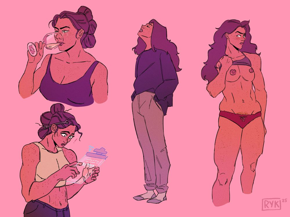Muscular freckled woman in different outfits, one with her breasts out. 