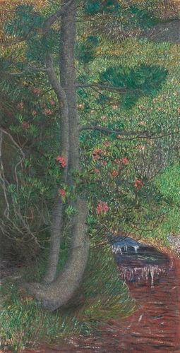 Segantini painted this picture in the Swiss Alps, where he lived from 1886 to 1899. The composition is a study for an unrealized painting of Adam and Eve in paradise. Segantini’s distinctive technique is characterized by brilliant colors applied in small strokes to create an unusually vibrant surface. The artist may have intended that the bent, twisted tree, struggling for survival against alpine storms, is a metaphor for human perseverance.