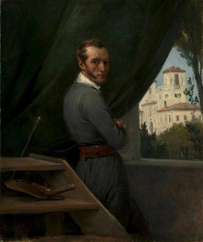 Vernet stands before the Villa Medici, seat of the French Academy in Rome, where he was director from 1829 to 1835. The palette, brushes, and maulstick on the stepladder hint at his talent for painting large canvases. The artist's sideward glance, disheveled hair, and burning cigarette lend him a romantic aura. The recipient of numerous commissions for military paintings, Vernet was patronized by Jérôme Bonaparte (the youngest brother of Napoleon) and later taught at the École des Beaux-Arts.
