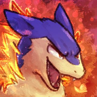 A Typhlosion (yellow and blue rat/groundhog type thing tdk how to describe it...). looking menacing, producing flames on it's back.