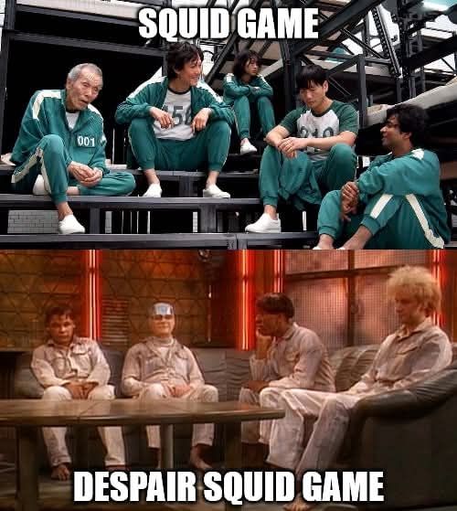 2 pictures, the top is a picture of a group of people in grey uniforms sitting on benches from the show Squid Game. The bottom picture is a group of people in boulder suits sat on a large corner sofa from the show Red Dwarf