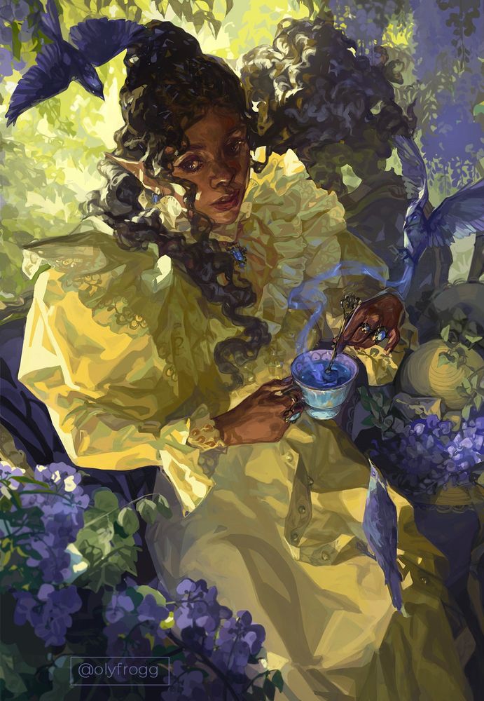 A beautiful elf surrounded by wisteria on a summer day, conjuring magical birds from the tea in her cup.
