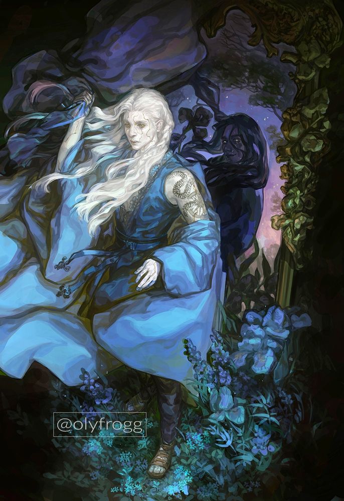 Katha commission for Anne. An aasimar with golden veins like delicate cracks in his skin and his darker reflection.