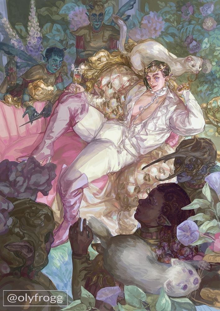 Illustration for Butch Fairy Zine, featuring Temrava of winter court in the middle of the summer court celebration. As they are indulging in some wine her weasels are plotting a rouse for an escape.

