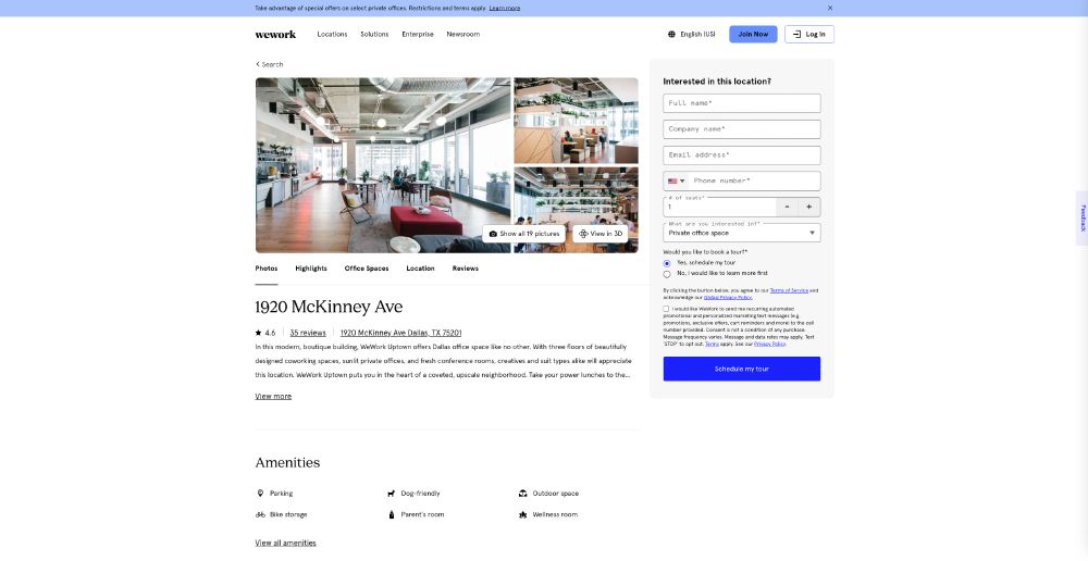 Screenshot of a webpage for the WeWork located at 1920 McKinney Ave in Dallas, TX.