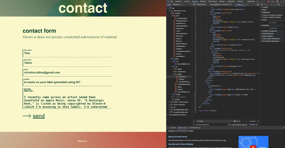 A screenshot of the page source for Eleven-A's Contact page that shows that the onClick event handler for the send button does not call a function that includes a mailto or an address.