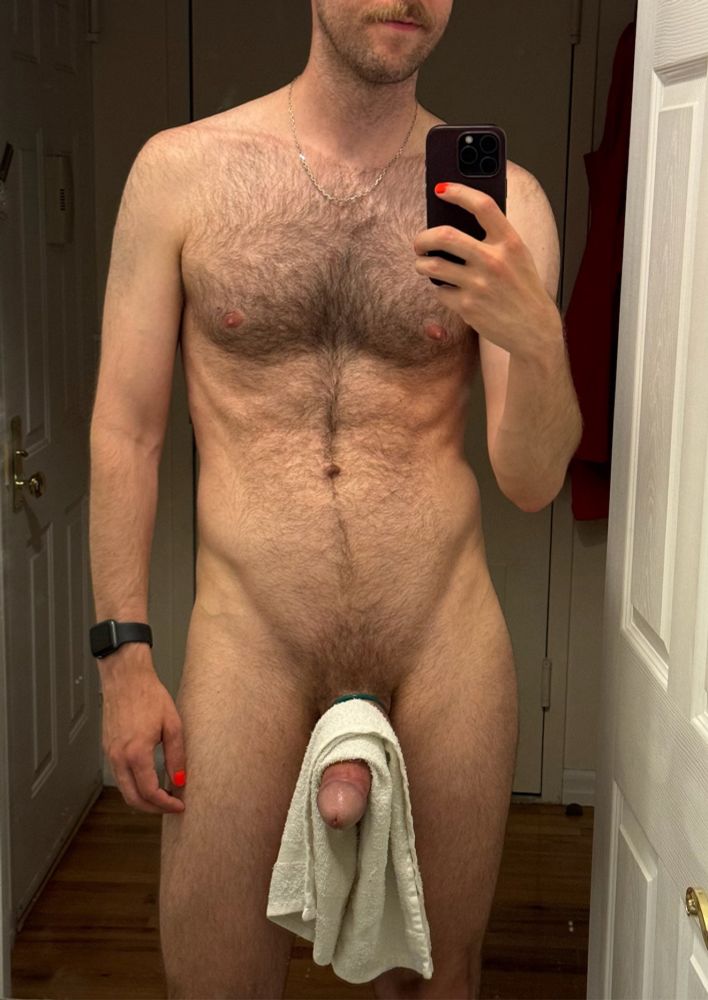 Standing contraposto in the mirror with a cum rag draped over like I’m a bus boy at a fancy restaurant and my cock is asking if you need your champagne refilled.