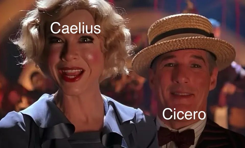 Shot from “we both reached for the gun” from Chicago (2001) where Roxie Hart is labelled as Caelius and the Lawyer is Cicero 