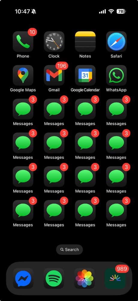 Screenshot of home screen including 16 iMessage icons in a grid with 3 notifications on each. 