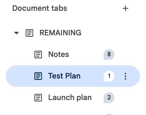 A screenshot of a section titled "Document tabs" in a collaborative document interface. Under the "REMAINING" folder, there are three document tabs listed: "Notes" with 8 comments, "Test Plan" with 1 comment (currently selected), and "Launch plan" with 2 comments. Each tab shows a small document icon and a comment count in a grey bubble.