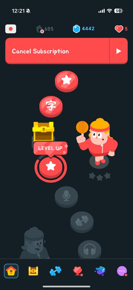 Screenshot of duolingo with a big cancel subscription button on the home page