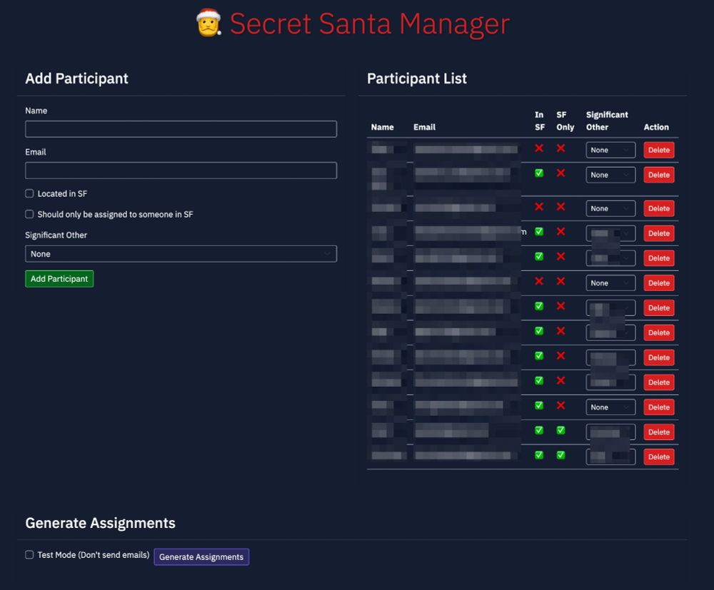 Screenshot of web admin. I can add participants (name, email, checkbox of "located in SF", checkbox of "Should be assigned to someone in SF", and a dropdown for significant other. On the right there's a participant list with names and emails blurred. Below is a "Generate assignments" button. 