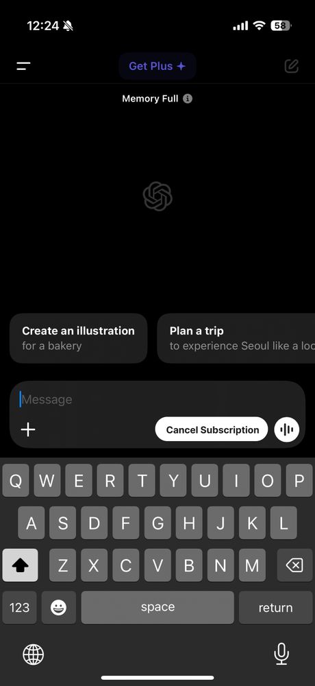Screenshot of chatGPT with a big cancel subscription button on the home page