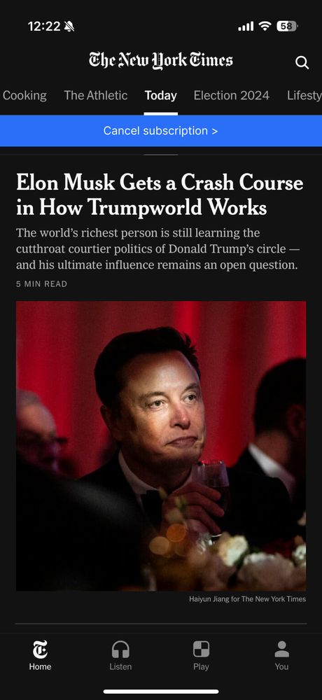 Screenshot of NYT with a big cancel subscription button on the home page