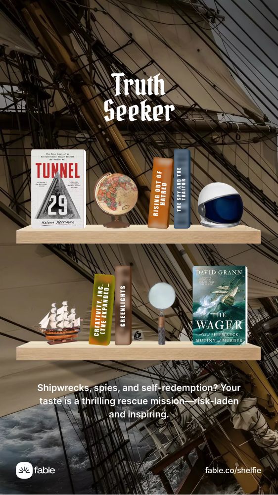Digital bookshelf showing my favorite books, especially highlighting tunnel 29 and the wager. At the top it says “truth seeker”