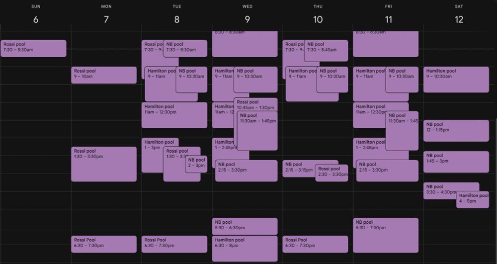 Weekly calendar view from Sunday, April 6 to Saturday, April 12 showing scheduled swim sessions at three different pools: Rossi Pool, Hamilton Pool, and NB Pool. Each day includes multiple time blocks, often overlapping, with events color-coded in purple. Most days begin with early morning sessions around 7:30–9:00 AM and continue with various sessions through the afternoon and evening, ending around 7:30 PM. The schedule is densely packed.