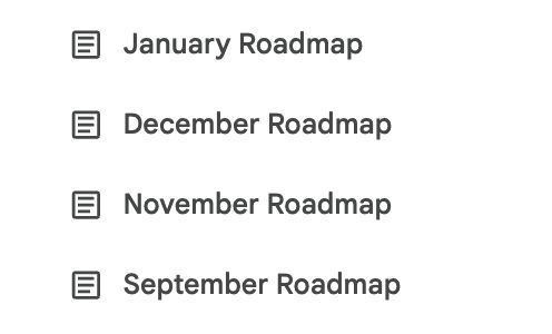 A list of four document tabs labeled by month, each with a document icon. The titles are "January Roadmap," "December Roadmap," "November Roadmap," and "September Roadmap" 