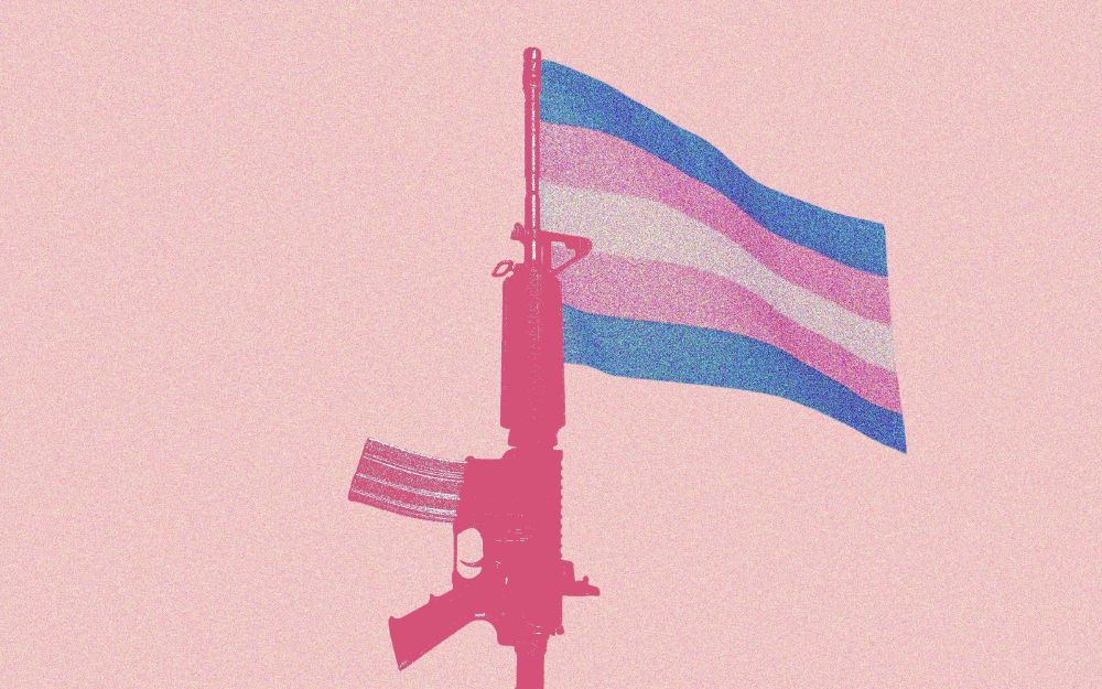 A stylized image of a pink rifle standing upright with a waving transgender pride flag attached to its barrel. The background is a muted pink, and the overall aesthetic has a grainy, poster-like texture. The transgender flag features blue, pink, and white stripes.