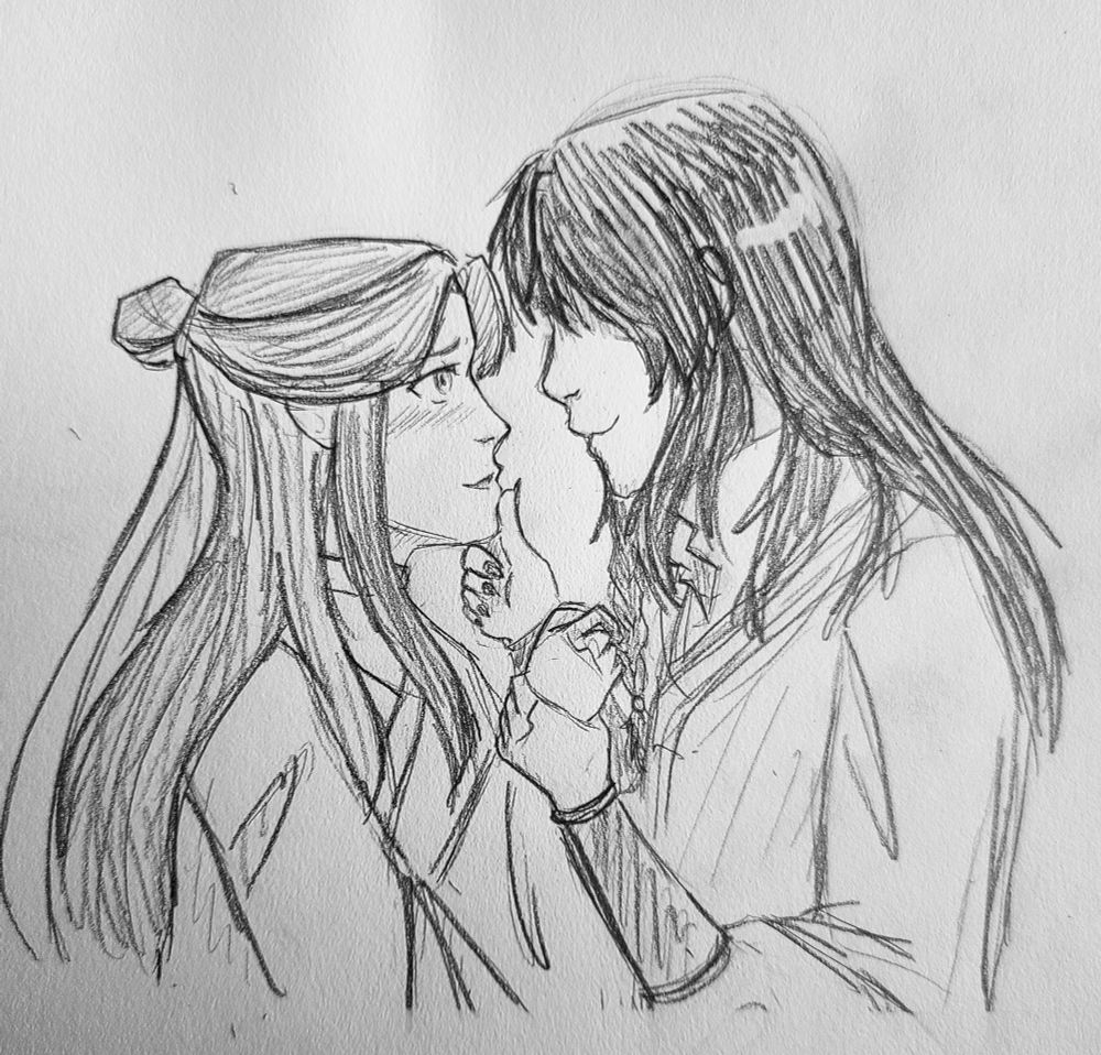 Traditional sketch of Xie Lian and Hua Cheng facing each other. Hua Cheng is holding Xie Lian's wrist and the other hand is lifting his chin. They are about to kiss.