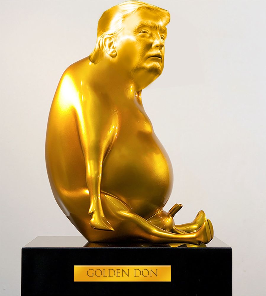 Picture of gold statue of a cow with the head of Trump labeled “Golden Don.”