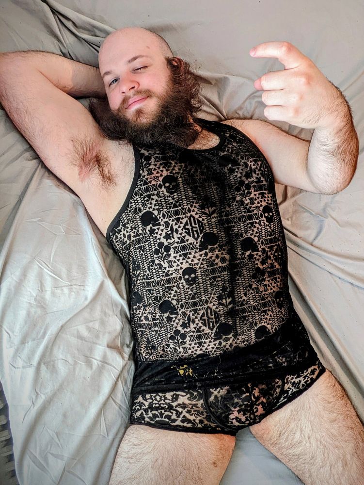 Photo of me in black lingerie laying on a bed beckoning the viewer