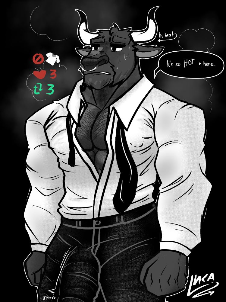 My Minotaur character named Minos. He is wearing a long sleeve shirt opened up with his tie unraveled, showing a little bit of his body drenched in sweat. His pants are so tight that his pole is bulging out, revealing every detail of his huge gift.